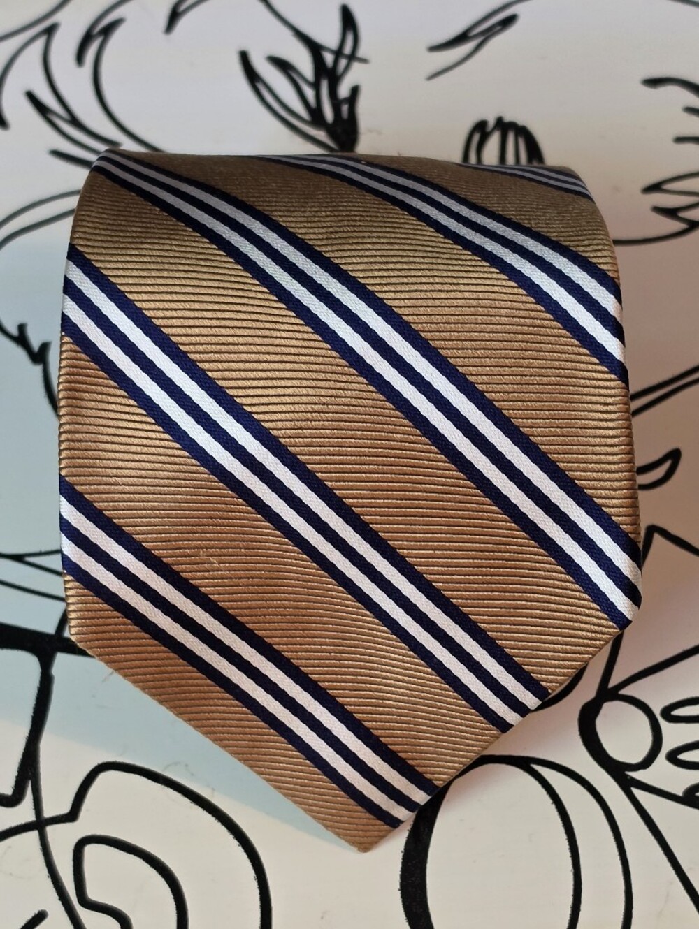 Brooks Brothers Makers Tie Silk Mens Repp Stripe Gold Navy White 59 x 3.75 USA